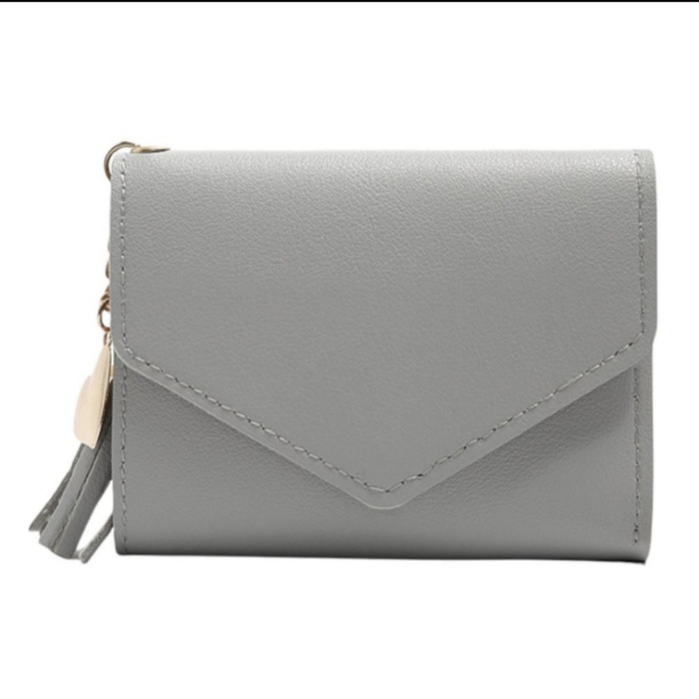 Tri-Fold Tassel Wallet Vegan Leather Lavender Grey